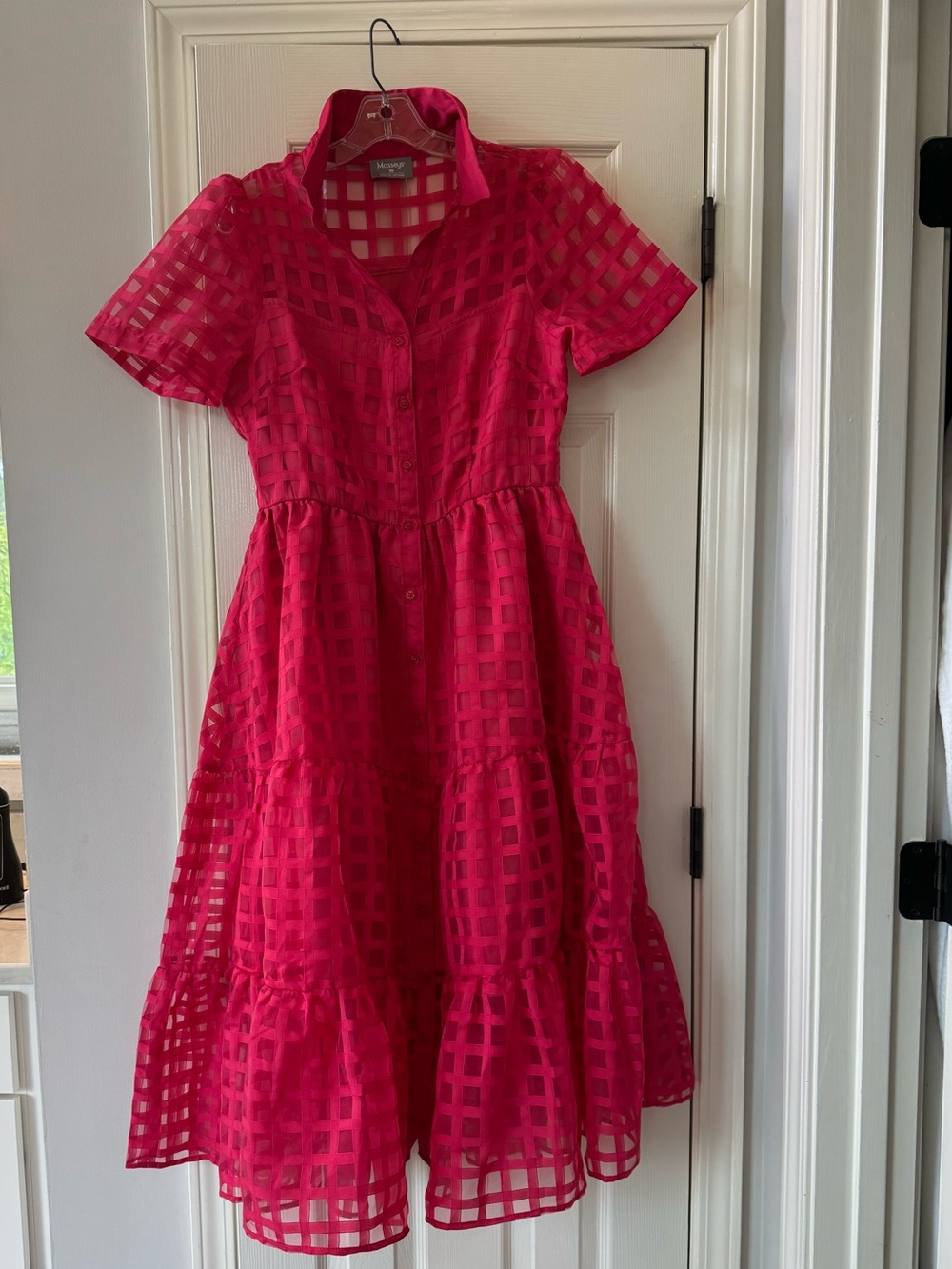 Masseys Pink Checkered Button-Front Tiered Dress